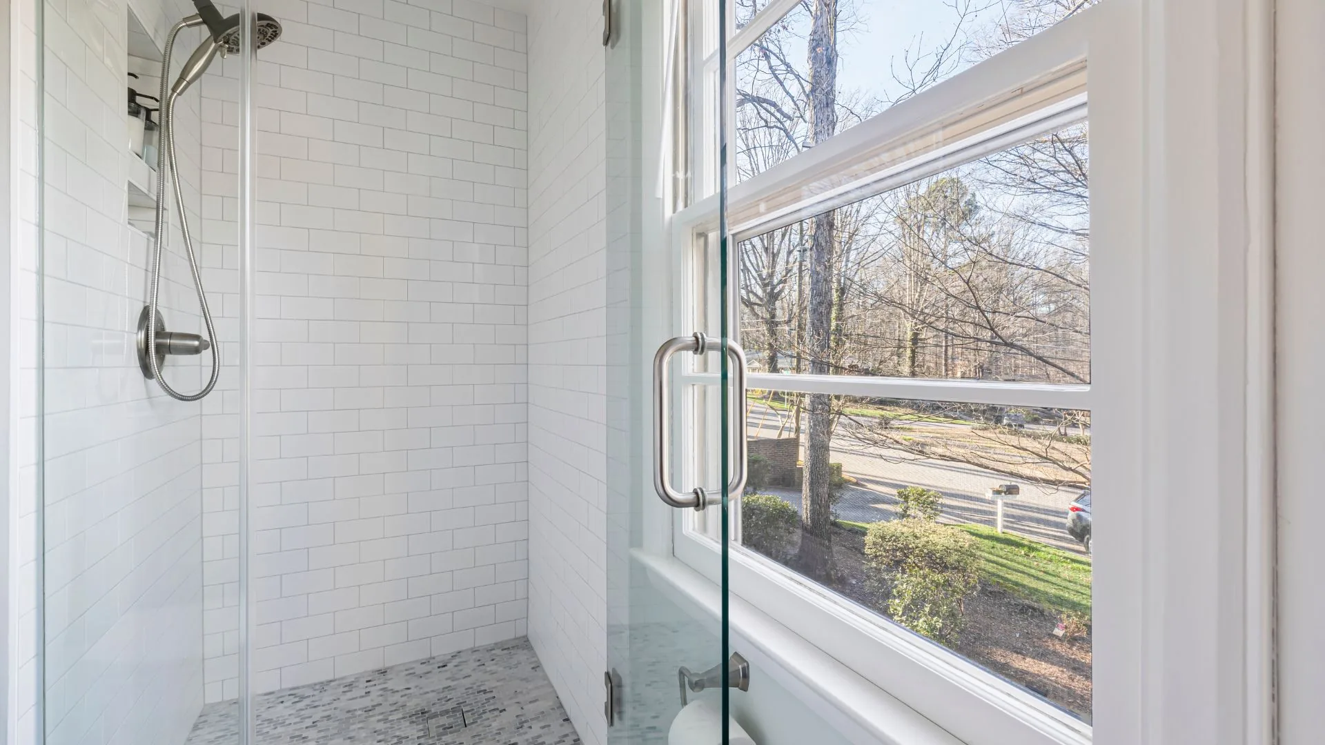 Replaced shower door with window view